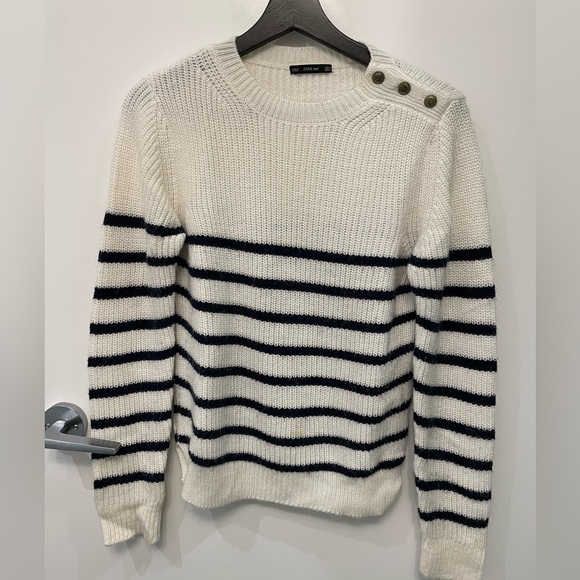 Zara collection, navy white striped medium sweater - Picture 1 of 2